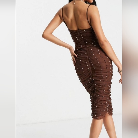 Cami Ruched Pearl Mesh Midi Dress In Chocolate - Picture 2 of 3